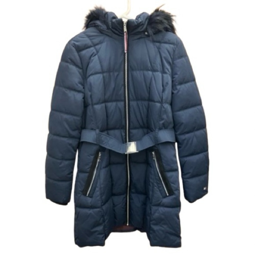 NWOT Tommy Hilfiger Women's Belted Faux-Fur Trim Hooded Puffer Coat Large 12-14 - Picture 3 of 14